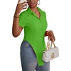 image:imageLYANER Womens Button Down Collar V Neck Open Front Short Sleeve Slit Hem Long Shirt Blouse TopsGrass Green