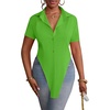 image:imageLYANER Womens Button Down Collar V Neck Open Front Short Sleeve Slit Hem Long Shirt Blouse TopsGrass Green