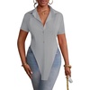 image:imageLYANER Womens Button Down Collar V Neck Open Front Short Sleeve Slit Hem Long Shirt Blouse TopsGray