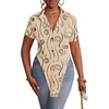 image:imageLYANER Womens Button Down Collar V Neck Open Front Short Sleeve Slit Hem Long Shirt Blouse TopsKhaki With Black