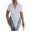 image:imageLYANER Womens Button Down Collar V Neck Open Front Short Sleeve Slit Hem Long Shirt Blouse TopsLight Blue01
