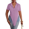 image:imageLYANER Womens Button Down Collar V Neck Open Front Short Sleeve Slit Hem Long Shirt Blouse TopsLight Purple