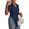 image:imageLYANER Womens Button Down Collar V Neck Open Front Short Sleeve Slit Hem Long Shirt Blouse TopsNavy