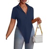 image:imageLYANER Womens Button Down Collar V Neck Open Front Short Sleeve Slit Hem Long Shirt Blouse TopsNavy