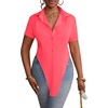 image:imageLYANER Womens Button Down Collar V Neck Open Front Short Sleeve Slit Hem Long Shirt Blouse TopsNeon Pink