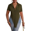 image:imageLYANER Womens Button Down Collar V Neck Open Front Short Sleeve Slit Hem Long Shirt Blouse TopsOlive Green