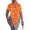 image:imageLYANER Womens Button Down Collar V Neck Open Front Short Sleeve Slit Hem Long Shirt Blouse TopsOrange With White