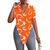 image:imageLYANER Womens Button Down Collar V Neck Open Front Short Sleeve Slit Hem Long Shirt Blouse TopsOrange With White