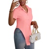 image:imageLYANER Womens Button Down Collar V Neck Open Front Short Sleeve Slit Hem Long Shirt Blouse TopsPink01