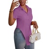image:imageLYANER Womens Button Down Collar V Neck Open Front Short Sleeve Slit Hem Long Shirt Blouse TopsPurple