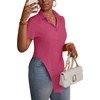 image:imageLYANER Womens Button Down Collar V Neck Open Front Short Sleeve Slit Hem Long Shirt Blouse TopsRose Red