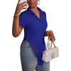 image:imageLYANER Womens Button Down Collar V Neck Open Front Short Sleeve Slit Hem Long Shirt Blouse TopsRoyal Blue