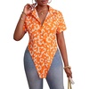 image:imageLYANER Womens Button Down Collar V Neck Open Front Short Sleeve Slit Hem Long Shirt Blouse TopsScroll Pattern Orange