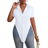 image:imageLYANER Womens Button Down Collar V Neck Open Front Short Sleeve Slit Hem Long Shirt Blouse TopsSolid White