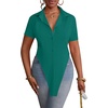 image:imageLYANER Womens Button Down Collar V Neck Open Front Short Sleeve Slit Hem Long Shirt Blouse TopsTeal Blue