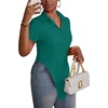 image:imageLYANER Womens Button Down Collar V Neck Open Front Short Sleeve Slit Hem Long Shirt Blouse TopsTeal Blue