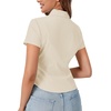 image:imageLYANER Womens Button Down V Neck Ruched Slim Fitted Ribbed Short Sleeve Work Shirt Blouse TopBeige