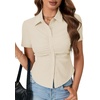 image:imageLYANER Womens Button Down V Neck Ruched Slim Fitted Ribbed Short Sleeve Work Shirt Blouse TopBeige