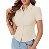 image:imageLYANER Womens Button Down V Neck Ruched Slim Fitted Ribbed Short Sleeve Work Shirt Blouse TopBeige