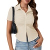 image:imageLYANER Womens Button Down V Neck Ruched Slim Fitted Ribbed Short Sleeve Work Shirt Blouse TopBeige