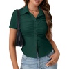 image:imageLYANER Womens Button Down V Neck Ruched Slim Fitted Ribbed Short Sleeve Work Shirt Blouse TopDark Green