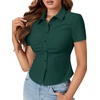 image:imageLYANER Womens Button Down V Neck Ruched Slim Fitted Ribbed Short Sleeve Work Shirt Blouse TopDark Green