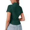 image:imageLYANER Womens Button Down V Neck Ruched Slim Fitted Ribbed Short Sleeve Work Shirt Blouse TopDark Green