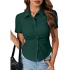 image:imageLYANER Womens Button Down V Neck Ruched Slim Fitted Ribbed Short Sleeve Work Shirt Blouse TopDark Green