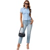 image:imageLYANER Womens Button Down V Neck Ruched Slim Fitted Ribbed Short Sleeve Work Shirt Blouse TopLight Blue