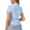 image:imageLYANER Womens Button Down V Neck Ruched Slim Fitted Ribbed Short Sleeve Work Shirt Blouse TopLight Blue
