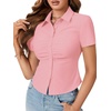 image:imageLYANER Womens Button Down V Neck Ruched Slim Fitted Ribbed Short Sleeve Work Shirt Blouse TopLight Pink