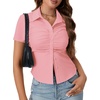 image:imageLYANER Womens Button Down V Neck Ruched Slim Fitted Ribbed Short Sleeve Work Shirt Blouse TopLight Pink
