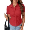 image:imageLYANER Womens Button Down V Neck Ruched Slim Fitted Ribbed Short Sleeve Work Shirt Blouse TopRed