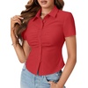image:imageLYANER Womens Button Down V Neck Ruched Slim Fitted Ribbed Short Sleeve Work Shirt Blouse TopRed