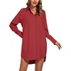image:imageLYANER Womens Collar V Neck Button Down Shirt Dress Long Sleeve Split Hem Blouse Tunic DressesWine Red