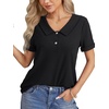 image:imageLYANER Womens Cotton Polo V Neck Roll Up Short Sleeve Button Down Polo Shirt Blouse TopsBlack