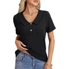 image:imageLYANER Womens Cotton Polo V Neck Roll Up Short Sleeve Button Down Polo Shirt Blouse TopsBlack