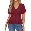 image:imageLYANER Womens Deep V Neck Tie Knot Ruffle Ruched Short Sleeve Sexy Blouse TopDeep Red