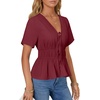 image:imageLYANER Womens Deep V Neck Tie Knot Ruffle Ruched Short Sleeve Sexy Blouse TopDeep Red