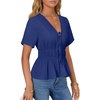 image:imageLYANER Womens Deep V Neck Tie Knot Ruffle Ruched Short Sleeve Sexy Blouse TopRoyal Blue