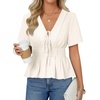 image:imageLYANER Womens Deep V Neck Tie Knot Ruffle Ruched Short Sleeve Sexy Blouse TopWhite