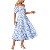 image:imageLYANER Womens Floral Off Shoulder Puff Sleeve A Line Ruched Ruffle Layered Boho Long DressBlue