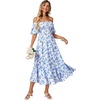 image:imageLYANER Womens Floral Off Shoulder Puff Sleeve A Line Ruched Ruffle Layered Boho Long DressBlue