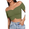 image:imageLYANER Womens Off Shoulder Ruched Short Sleeve Rib Knit Sexy Crop Top BlouseArmy Green