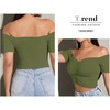 image:imageLYANER Womens Off Shoulder Ruched Short Sleeve Rib Knit Sexy Crop Top BlouseArmy Green