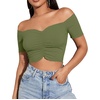 image:imageLYANER Womens Off Shoulder Ruched Short Sleeve Rib Knit Sexy Crop Top BlouseArmy Green