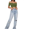 image:imageLYANER Womens Off Shoulder Ruched Short Sleeve Rib Knit Sexy Crop Top BlouseArmy Green