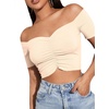 image:imageLYANER Womens Off Shoulder Ruched Short Sleeve Rib Knit Sexy Crop Top BlouseDark Apricot