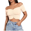 image:imageLYANER Womens Off Shoulder Ruched Short Sleeve Rib Knit Sexy Crop Top BlouseDark Apricot