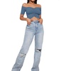 image:imageLYANER Womens Off Shoulder Ruched Short Sleeve Rib Knit Sexy Crop Top BlouseDark Blue